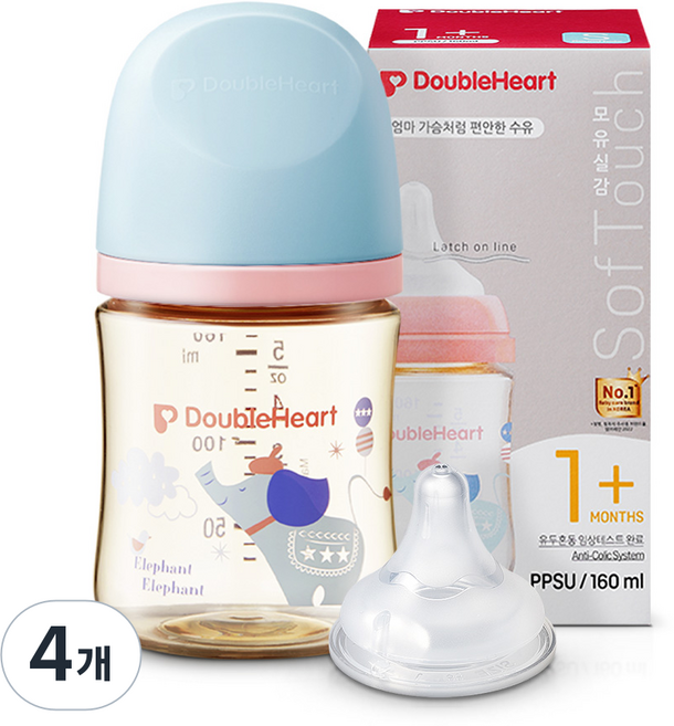 더블하트 모유실감 3세대 PPSU 디어프렌즈 젖병, 꿈꾸는코끼리(S 젖꼭지포함), 4개, 160ml