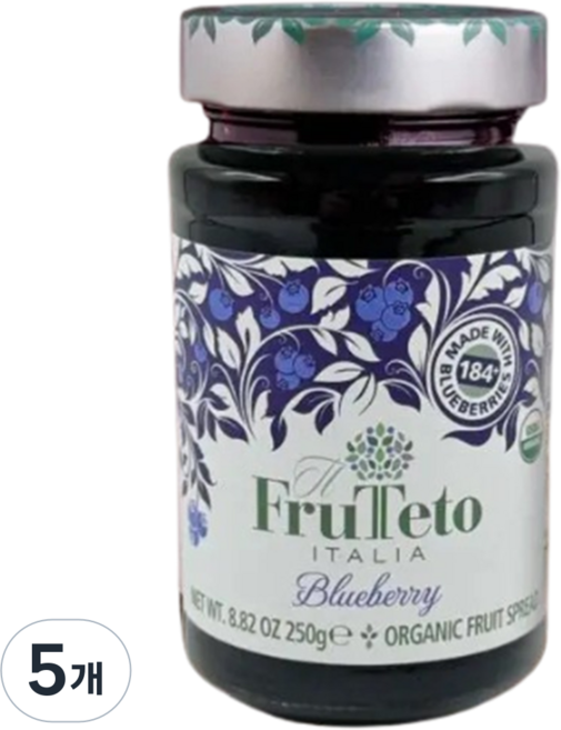 포도즙으로 만든 유기농 블루베리잼 무설탕잼 프루테토, 5개, 250g