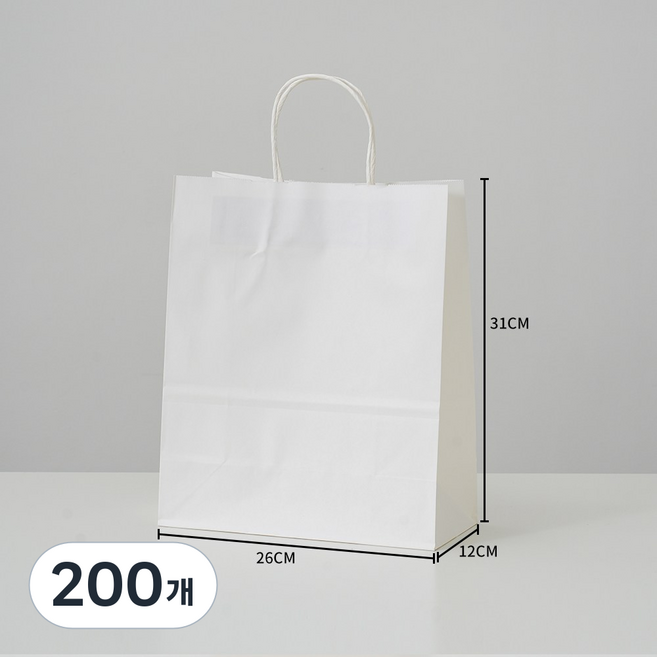 고급 화이트 종이가방 크라프트 튼튼한 쇼핑백 무지 선물 미니 종이쇼핑백 인쇄 제작 어젠다, 200개, 고급 화이트 대 (26x12x31)