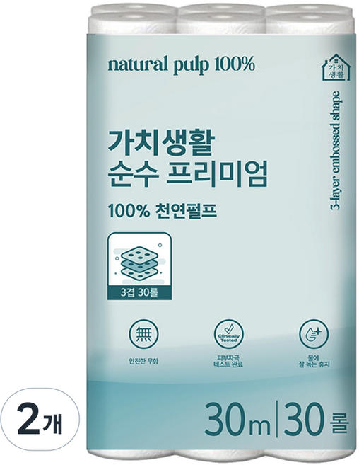 가치생활 물에 잘 녹는 천연펄프 3겹 고급롤화장지, 2개, 30롤, 30m