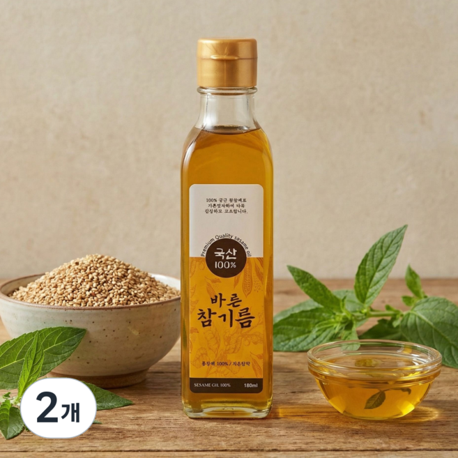 국산 통참깨 100% 저온압착 바른 참기름, 2개, 180ml