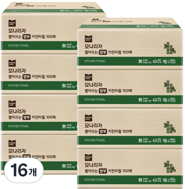 모나리자 뽑아쓰는 3겹 천연펄프 키친타월, 16개, 100매
