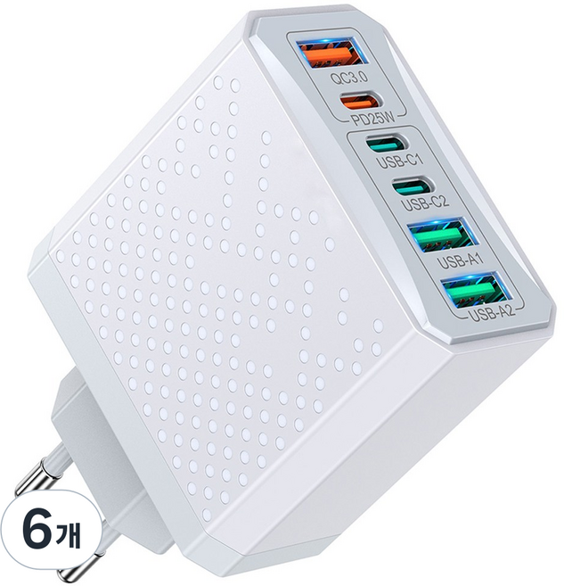 25W 6포트 3USB+3PD QC3.0 초고속 가정용 충전기 CDT103, 6개, 흰색