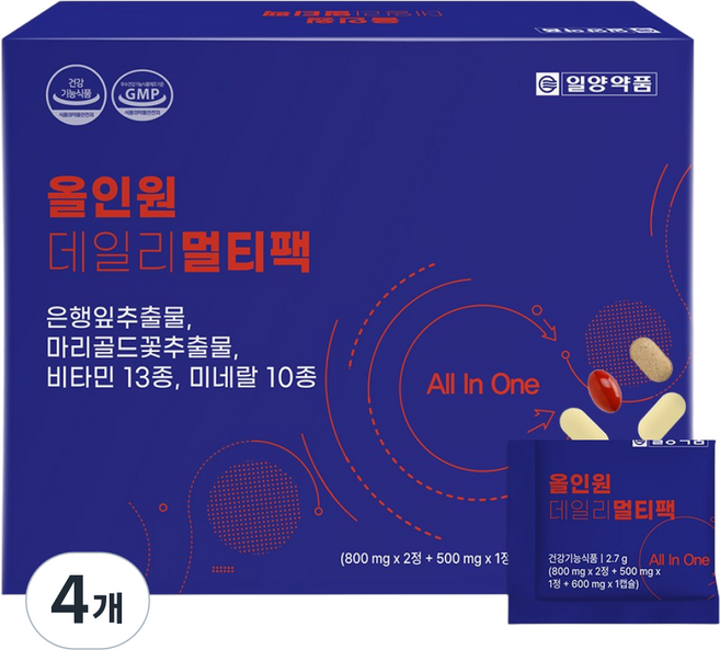일양약품 올인원 데일리 멀티팩 종합영양제 비타민 미네랄 은행잎추출물 마리골드꽃추출물, 4개, 30회분