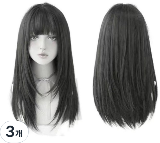 여성 긴머리 가발 (가발망포함) SH470, 3개, 블랙