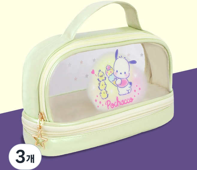 산리오 포차코 필통 투명 2단 대용량 캐릭터 화장품 파우치 가벼운 경량 인조가죽 지퍼필통 초등학생 중학교 학생 어린이날 선물, 3개
