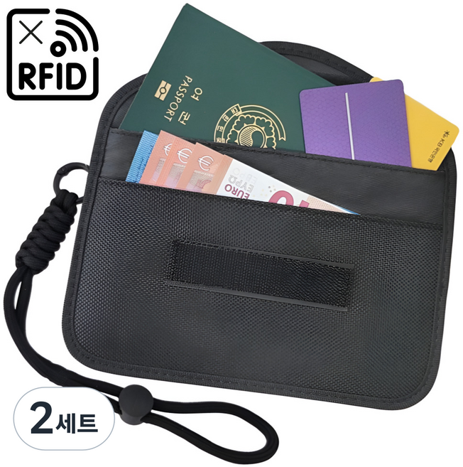 원해아 RFID차단 안티스키밍 여권파우치 + 스트랩, 블랙A, 2세트