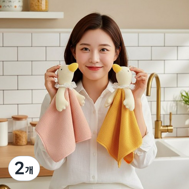이지몰 귀여운 오리 핸드타월 고흡수 극세사 손수건 걸이형 주방 타올, 옐로우, 2개