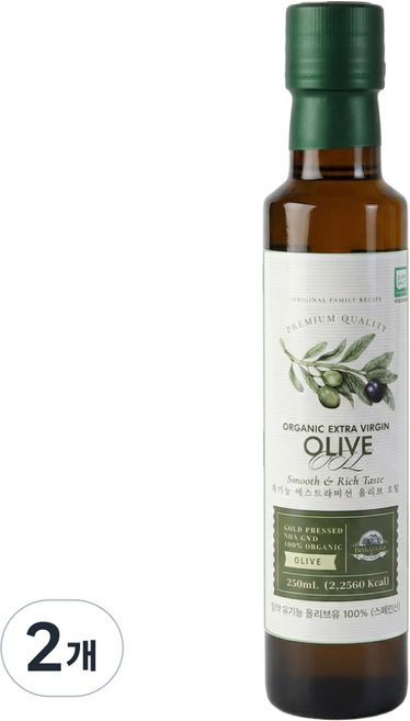 올리오리아 피쿠알 유기농 엑스트라버진 올리브오일 최고급 단일 품종 스페인, 2개, 250ml