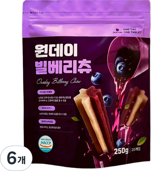 원데이 빌베리츄 개껌! 강아지 눈건강 루테인 아스타잔틴, 빌베리맛, 250g, 6개