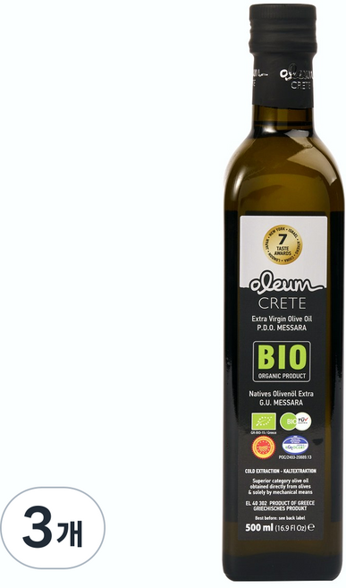 올레움 크레타 유기농 엑스트라버진 올리브 오일 500ml 그리스 코로네이키 단일품종, 3개