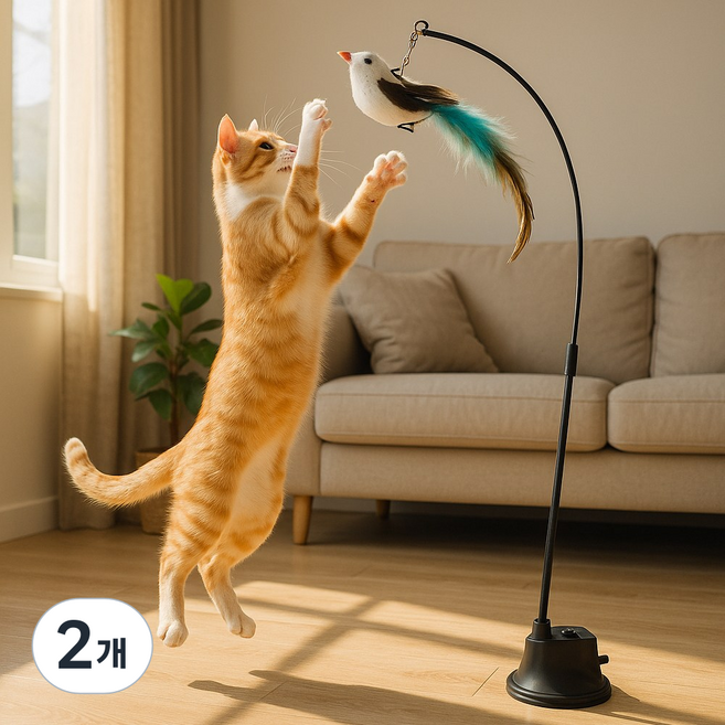 메이크앤 고양이 셀프 놀이 고정 와이어 낚시대 장난감, 2개, 파랑새