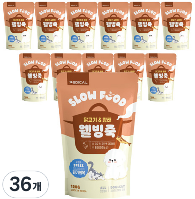 웰빙죽 닭고기&황태 12개입 면역력향상 강아지영양죽 고양이간식 원기회복, 120g, 36개