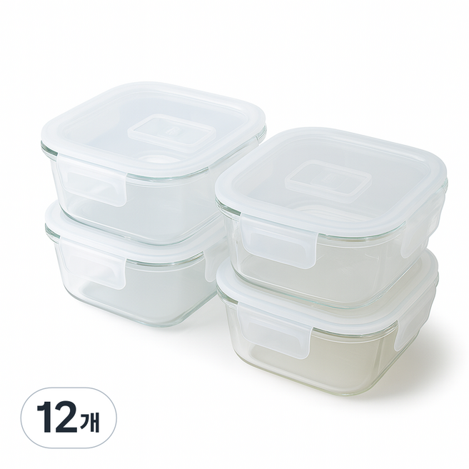 365마미 냉동밥 용기 전자레인지용 내열강화유리 사각, 320ML, 12개