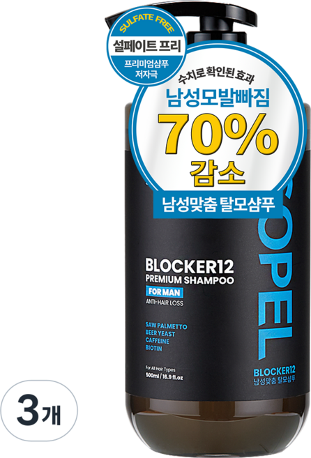남자 탈모 샴푸 1위 쏘펠 블로커12 남성 탈모샴푸 맥주효모 비오틴 바이오틴 카페인볼륨샴푸, 3개, 500ml