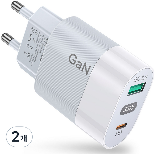 33W 2포트 USB+PD QC3.0 초고속 가정용 충전기 CDT104, 2개, 흰색