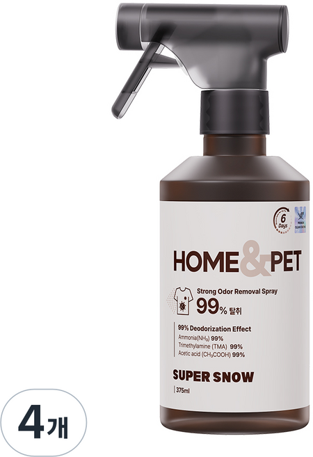 슈퍼스노우 홈앤펫 탈취제 섬유향수 패브릭 화장실 집안 음식 요리 악취 냄새 제거 노인 반려동물 강아지 고양이, 4개, 375ml