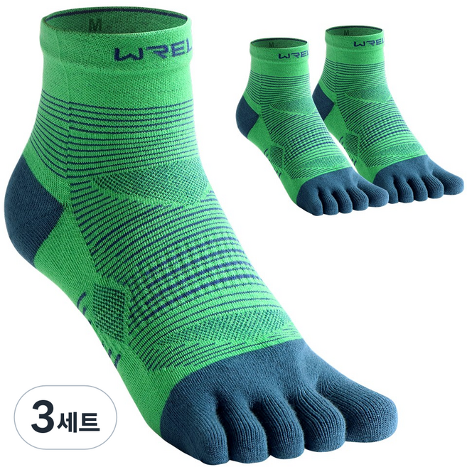 WRELS 다섯발가락 짧은통형 가압 스포츠 양말 러닝 크로스컨트리 자전거 남녀공용, 3세트, 그린