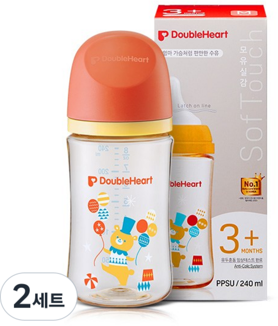 더블하트 모유실감 3세대 싱글팩(젖꼭지 M), 서커스베어 젖꼭지(M), 240ml, 2세트