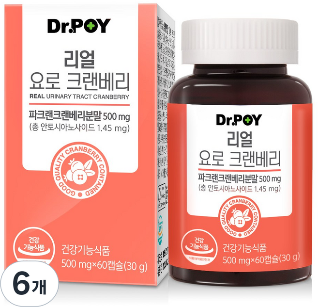 닥터포이 여성 방광염 크랜베리 식약처 인정 요로건강 23가지 부원료 함유 요로 기능성 인정 리얼 파크랜 크랜베리 개별 인정형 원료, 60정, 6개