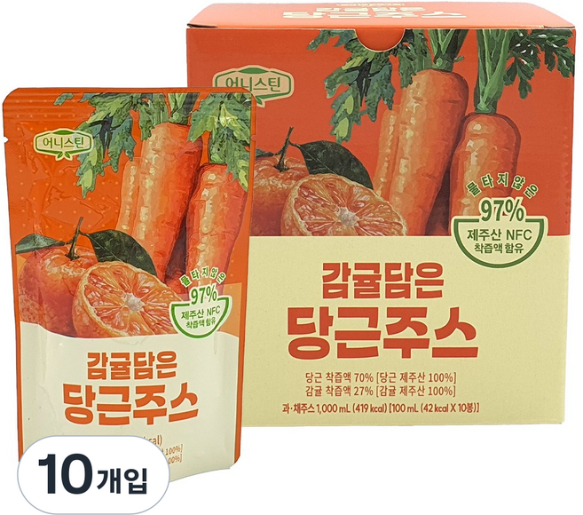 어니스틴 감귤 담은 당근 주스 착즙 주스 제주산 NFC주스 당근 주스 감귤 주스 어린이주스 학교간식 어린이집 간식 교회간식, 30개, 100ml