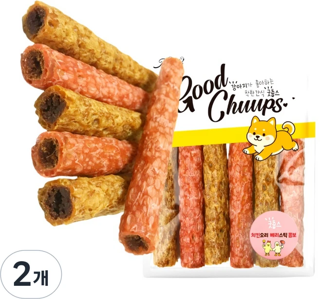 굿츕스 29 강아지간식 져키 훈련용간식 개껌 강아지껌 강아지항산화제 강아지보양식, 2개, 180g, 치킨베리스틱+오리베리스틱 - 쿠팡
