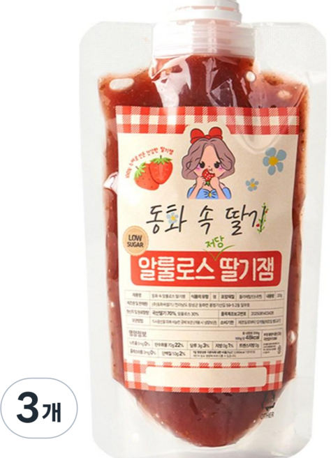 동화속딸기 간편 파우치 무설탕 저당 저칼로리 알룰로스 딸기잼, 3개, 200g