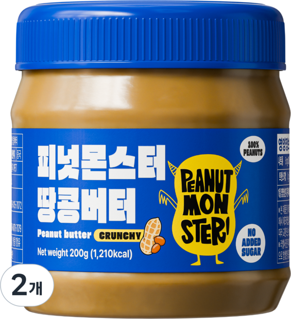 [압도적 고소함] 피넛몬스터 무첨가 무가당 100% 땅콩버터 크런치, 2개, 200g