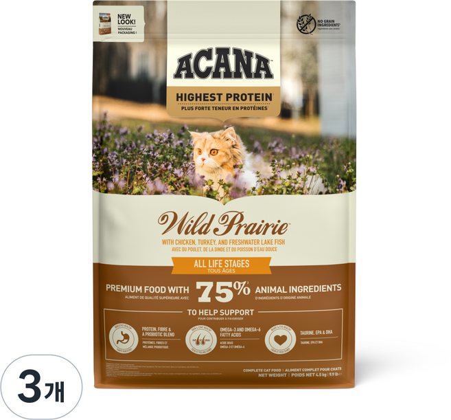 아카나 와일드프레이리 캣, 닭, 4.5kg, 3개
