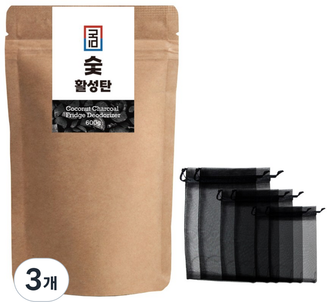 국민 숯탈취제 야자활성탄 100% 숯1개 망주머니 6개 냉장고 주방 신발장 화장실 거실 담배냄새 탈취제, 3개, 600g
