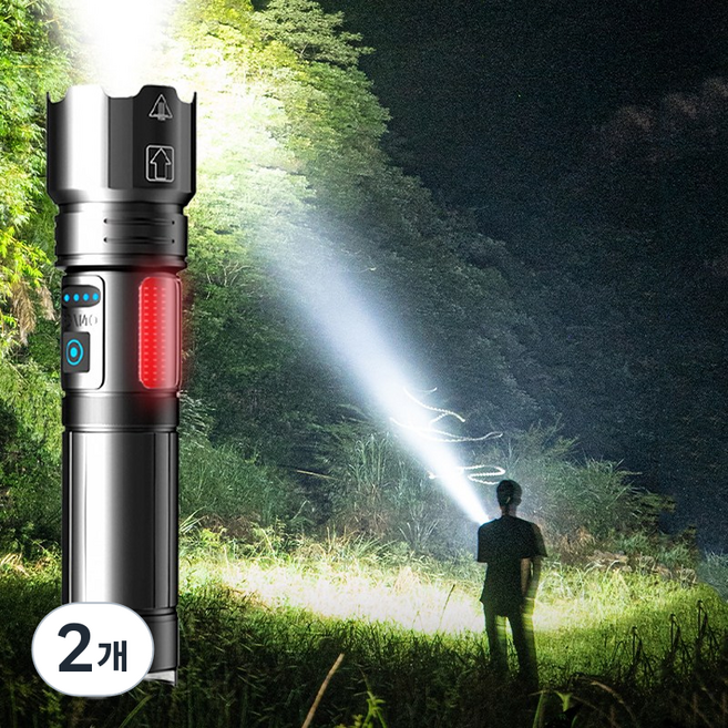 nicoliley 고휘도 초강력 led 손전등 충전식 서치라이트 줌라이트 손전등, 2개, 블랙
