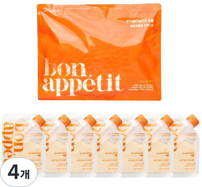 본아페티 단백질 쉐이크 파우치 다이어트 식사대용 체중조절식 미숫가루 맛 50g 7팩, 4개, 350g