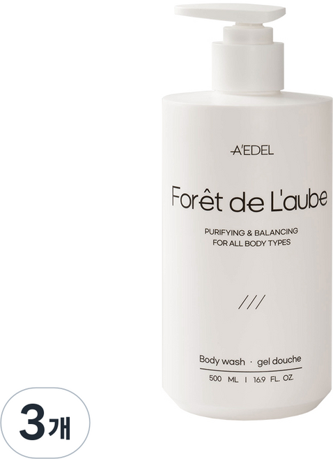 에이델 대용량 바디워시 비건인증 여드름 등드름 트러블 약산성 향좋은 퍼퓸 바디클렌저 포레 드 로브, 3개, 500ml
