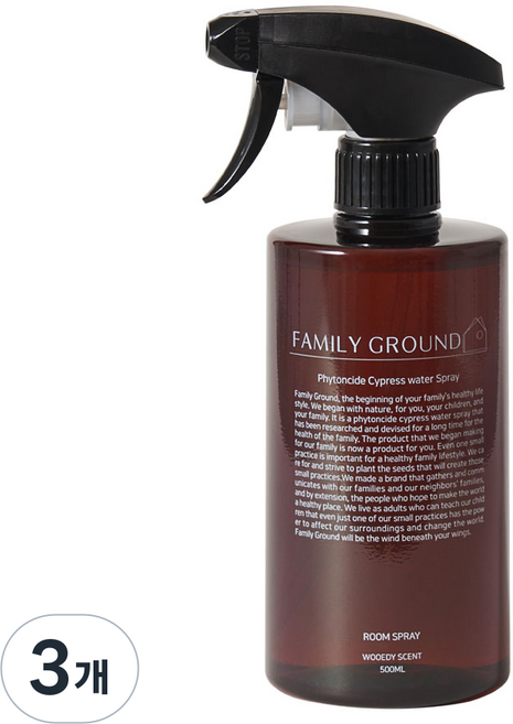 패밀리그라운드 정전기방지 냄새제거 섬유탈취제 항균 룸스프레이 비건 편백수 피톤치드 100%, 3개, 500ml