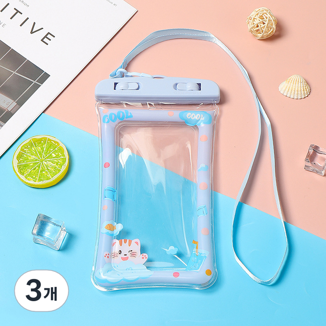 캐릭터 에어쿠션 스마트폰 스트랩 물놀이 튜브 방수팩, 3개, 3.고양이