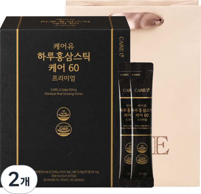 케어유 케어60 프리미엄 6년근 진세노사이드 60mg 고려 홍삼스틱 + 쇼핑백, 2개, 50회분