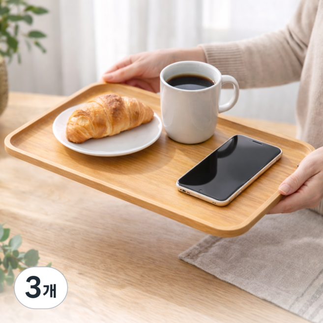 잘로몬 사각 대나무 예쁜 우드 트레이, 3개, 베이지