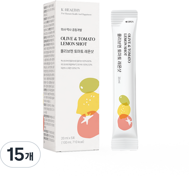케이헬시 올리브 토마토 레몬 샷 엑스트라 버진 등급 지중해 올리브유 레몬 스틱 올토레, 15개, 20ml