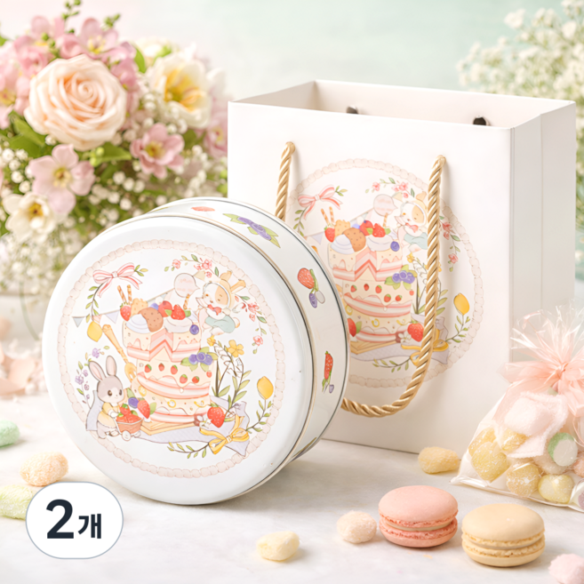 래빗 원형 틴케이스 (종이 쇼핑백 포함) 답례품 구디백 화이트데이 소품, 2개, 틴박스+종이백