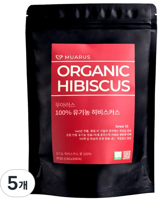 [25년 햇차] 독일 티 전문 기업이 생산관리한 무아러스 유기농 히비스커스 미세플라스틱 프리 티백, 5개, 25개입, 1.5g - 쿠팡