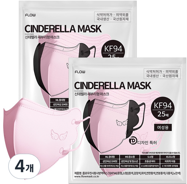 플로우 신데렐라 KF94 새부리형 마스크 지퍼백 초소형, 핑크, 4개, 25개입