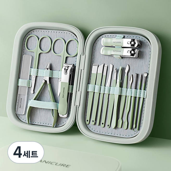 손톱깎이 올케어 18종 세트 내성발톱 두꺼운 손톱 발톱깎이 케이스 가정용 네일케어 니퍼 족집게 각질제거 눈썹가위 콧털가위, 4세트, 민트