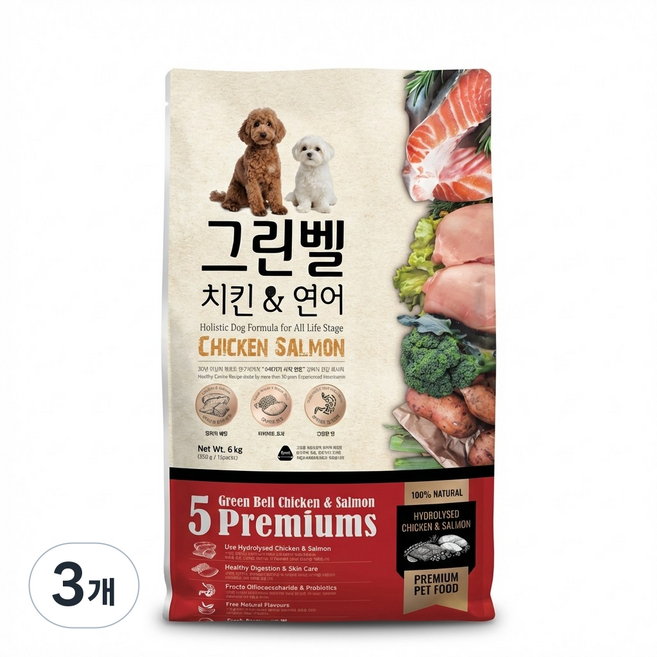 그린벨 치킨연어 강아지 장건강 사료 수의사추천 대용량 설사 무른변, 6kg, 3개, 닭