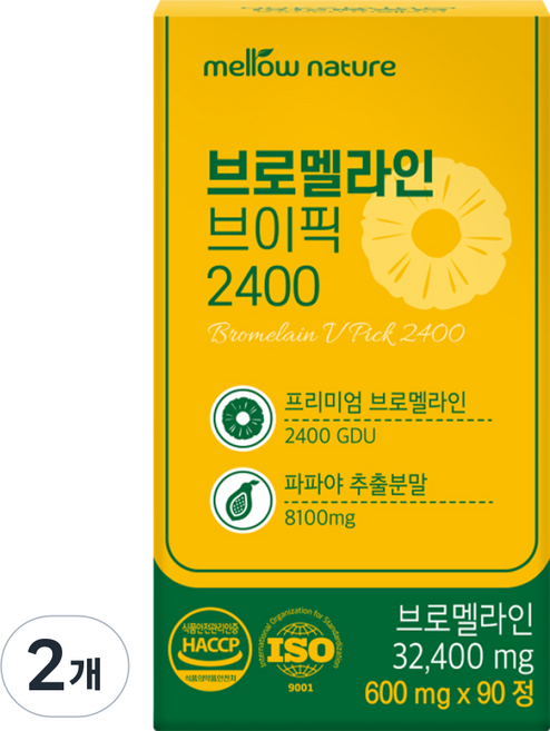 멜로우 브로멜라인 브이픽 2400GDU 식약처 인증, 2개, 90정