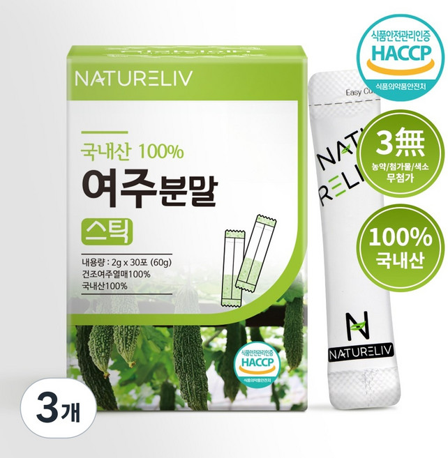 네이쳐리브 국산 여주 분말 가루 스틱 씨앗 제거 하고 만든 국내산, 60g, 3개