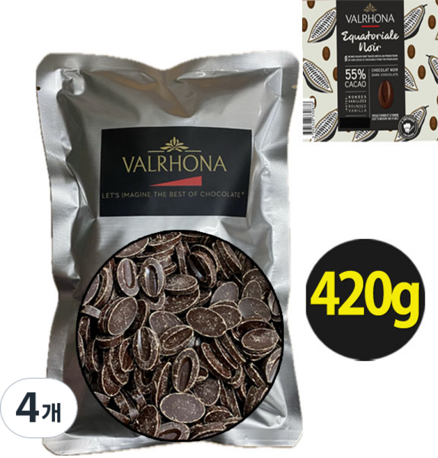 [프랑스산]발로나 다크 초콜릿 에콰토리얼 누아 카카오 55 커버처 코코아, 4개, 420g