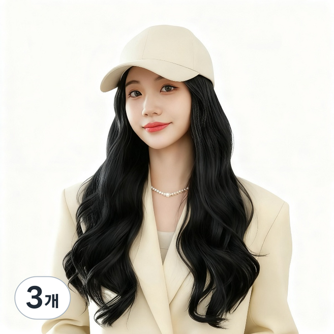 상덕 모자 전체가발 + 가발망 요즘유행 여성통가발, 3개, 베이지색 모자, 검은색 곱슬머리