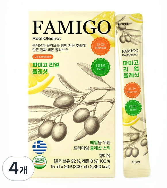 파미고 엑스트라버진 레몬 올리브오일 스틱 20포 저온추출 올레샷 레몬즙 지중해 올리브레몬샷, 4개, 300ml