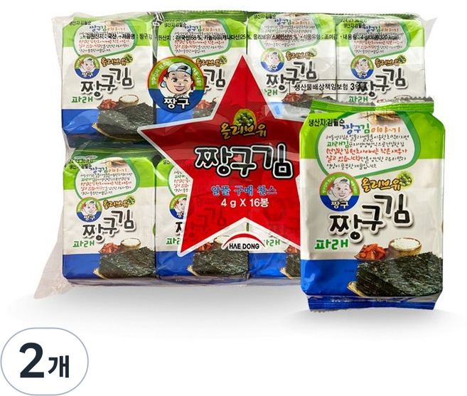 해동 도시락짱구김 조미김 파래김, 64g, 2개