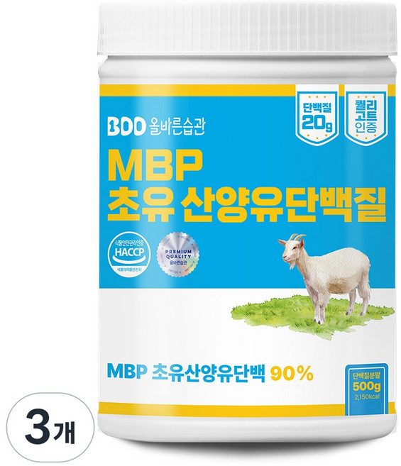 올바른습관 MBP 저당 초유산양유 단백질분말 식약처인증 고단백20% HACCP, 3개, 500g
